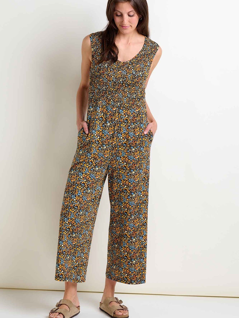 Toad&Co Gemina Floral V-Neck smocked sleeveless Jumpsuit Mustard & Blue size L